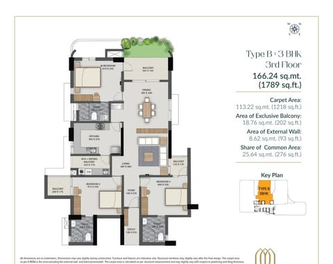 Amora Type B 3 BHK flat for sale in Maradu floor plan