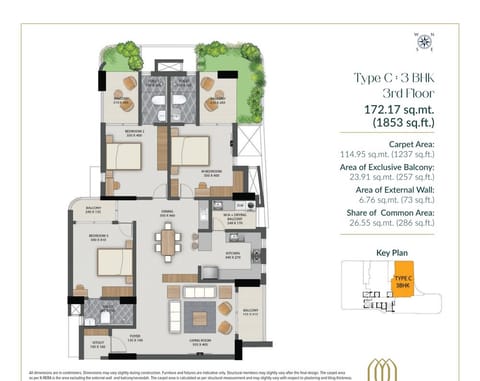 Amora Type C 3 BHK flat for sale in Maradu floor plan