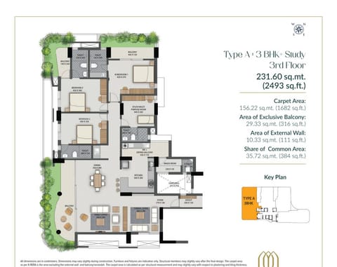 Amora Type A 3 BHK plus Study floor plan Kochi